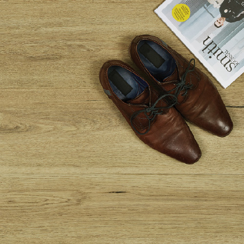Luxury Vinyl Plank Natural Oak Flooring with Leather shoes and Magazine