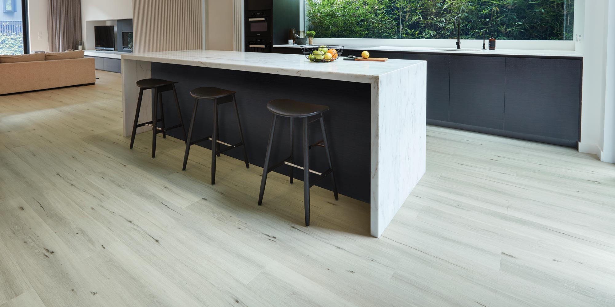 Luxury Vinyl Plank Natural Oak Flooring in Oslo White With Kitchen Bench