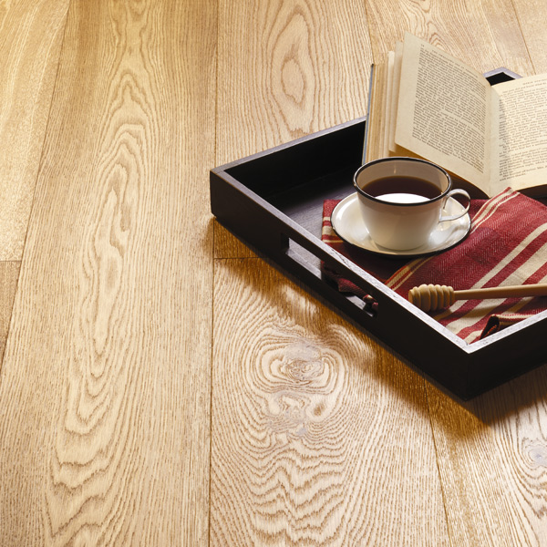 Tea and Books in Tray on Heartridge Timber Woodland Oak Flooring Detail